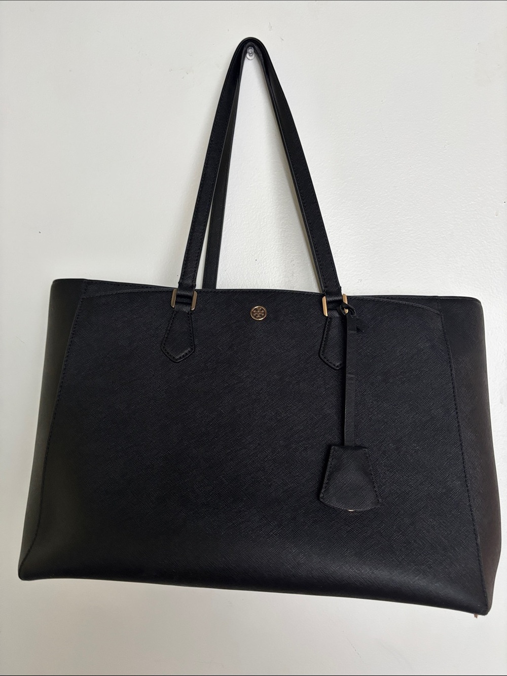 Tory Burch Black Saffiano Tote with Logo Charm and Double Straps